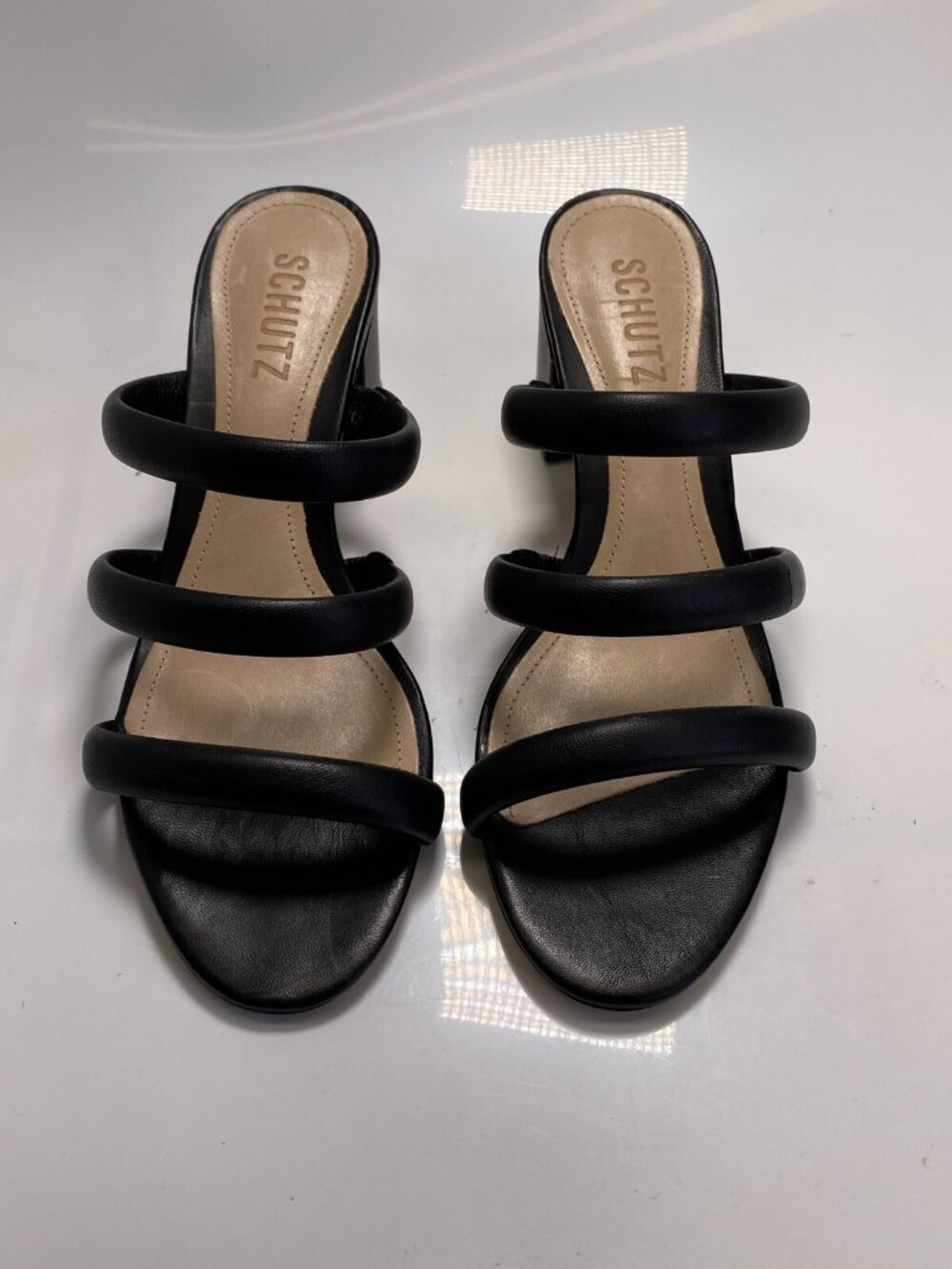 Schutz Women's Olly Mid Block Nappa Black Leather Strap Heel Sandal sz 8.5